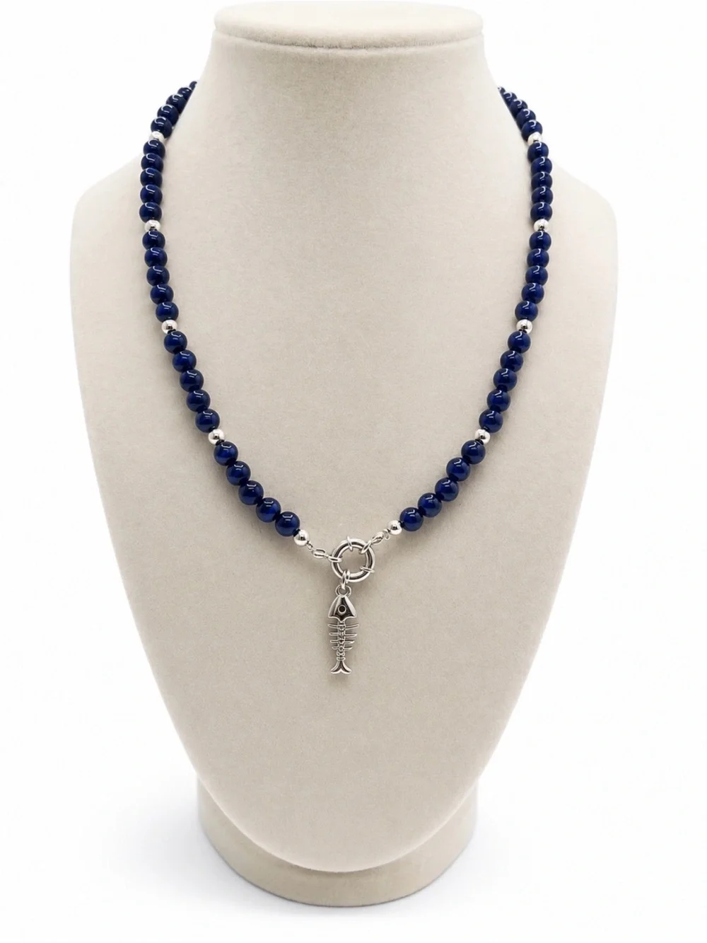 Lapis Blue Beaded Necklace with Silver Fish Charm